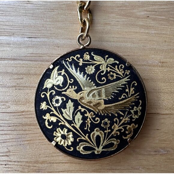 VTG Spain Damascene Key Chain Pendant 3.5" Black‎ Enamel Gold Tone Flowers Bird - Picture 1 of 4